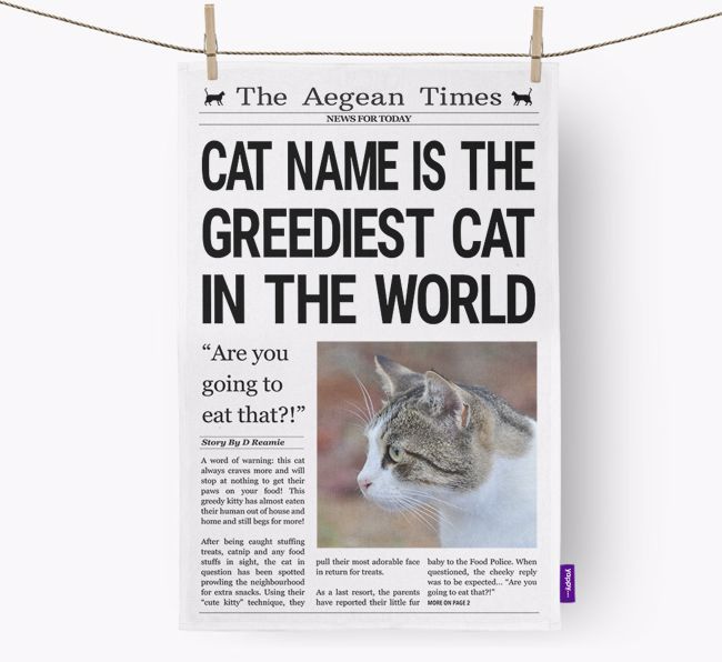 The {breedShortName} Times 'Greediest Cat In The World' Personalised Tea Towel
